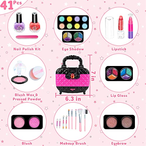 Hollyhi 41 Pcs Kids Makeup Kit for Girls, Washable Makeup Set Toy with Real Cosmetic Case for Little Girl, Pretend Play Makeup Beauty Set Birthday Toys Gift for 3 4 5 6 7 8 9 10 11 12 Years Old Kid
