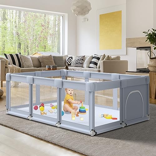 Fshibila 74" ×50" Large Baby Playpen, Baby Playard for Babies and Toddlers, Baby Fence Play Pens for Indoor & Outdoor, Sturdy Safety Play Yard with Soft Breathable Mesh, Anti-Fall, Grey