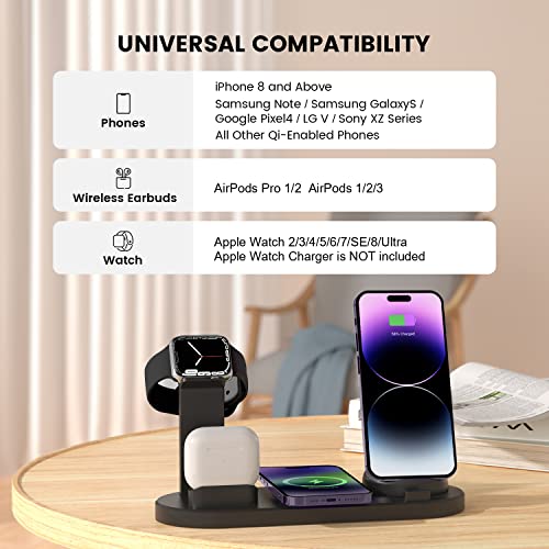 Magnetic Wireless Charger, 4 in 1 Wireless Charging Station Multiple Devices for Apple iPhone 15/15 Pro/15 Plus/15 Pro Max, 14,13,12 Pro/Max/Mini/Plus, AirPods, Apple Watch - Black