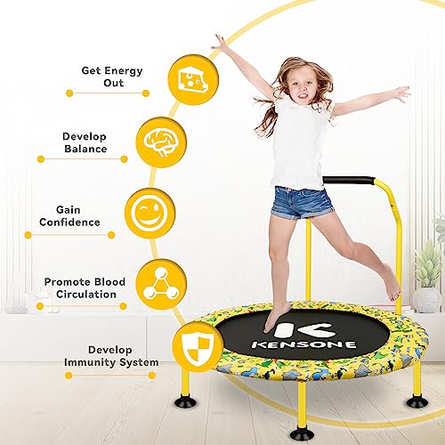 KENSONE 36" Mini Trampoline for Kids, Indoor Small Recreational Trampoline for Toddlers with Bungees, Foam Handle, Leg Suction Cups and Safety Bins, Yellow