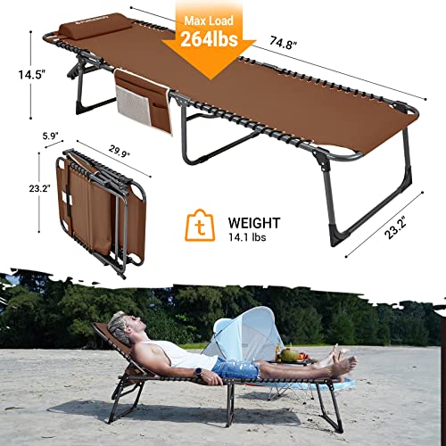 FUNDANGO Folding Outdoor Chaise Lounge Chair, 5-Position Adjustable Lounge Chair for Lawn, Patio, Beach, Sunbathing, Deck, Portable Heavy-Duty Camping Reclining Chair with Pillow, Khaki