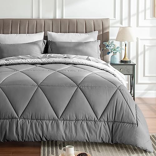 BEDELITE Queen Comforter Set 7 Pieces Bed in A Bag - Soft Microfiber Reversible Grey Bed Set with Comforters, Sheets, Pillowcases & Shams, Cozy Luxury Bedding Sets for All Season