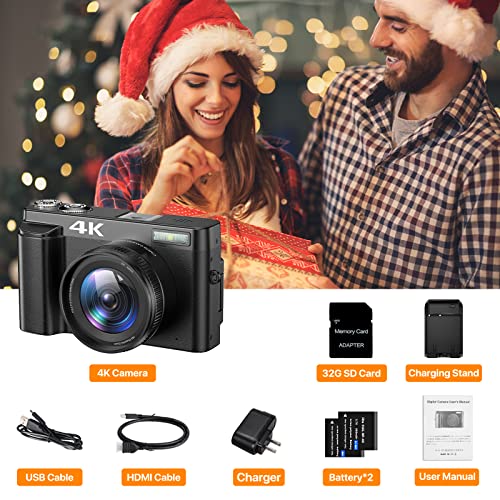 IWEUKJLO 4K Digital Camera for Photography and Video Autofocus 16X Digital Zoom, 48MP Vlogging Camera with 32GB SD Card, 3'' 180° Flip Screen Compact Camera for Travel,2 Batteries Charger Stand