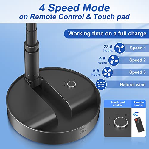 LIPETY 7.5" Rechargeable Portable Fan for Travel with Remote - 7200mah Folding Pedestal Cordless Desk Standing Fan for Bedroom - Foldable Table Rechargable Floor Quiet Fan for Office Camping (Black)