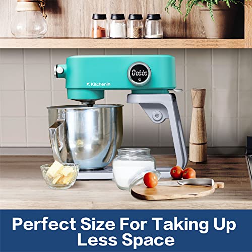 All Metal Stand Mixer,Kitchenin 5.3-Quart 8-Speeds Tilt-Head Food Mixer,400 Watt DC Motor Electric Stand Mixer with 12-Wire Whip,Flat Beater,Stainless Steel Dough Hook & Pouring Shield,Light Blue