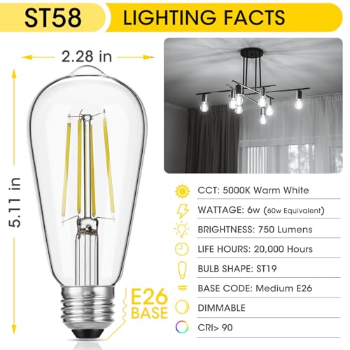 Gozelux Vintage LED Edison Bulbs, 6W, Equivalent 60W, High Brightness Daylight 5000K, ST58 Antique LED Filament Bulbs with 90+ CRI, E26 Medium Base, Dimmable, Clear Glass, Pack of 6