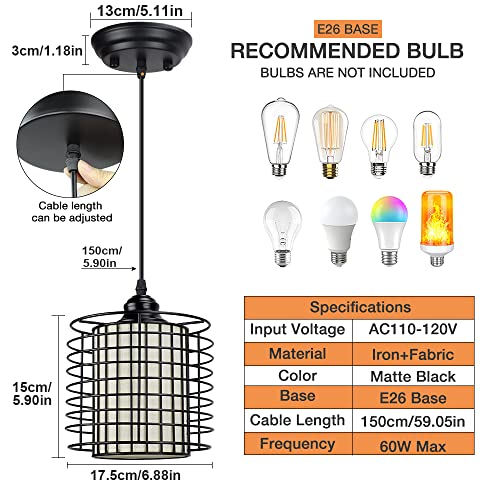 DLLT Vintage Adjustable Pendant Lighting, 6.88 Inch Metal Hanging Pendant Light Fixture with Cage Shade, Retro Ceiling Hanging Dining Light Fixture for kitchen island/Dining Hall/Hallway/Bar, E26 Base