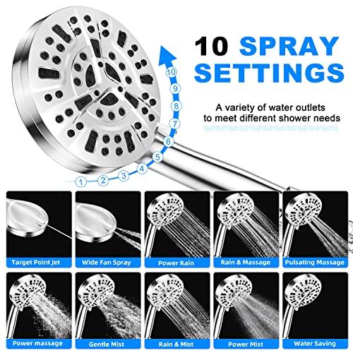 JiaSifu 10-Mode Handheld Shower Head Set, High Pressure Shower Head with 59” Stainless Steel Hose and Adjustable Brass Bracket, All Chrome Finish(Model: US-14591)