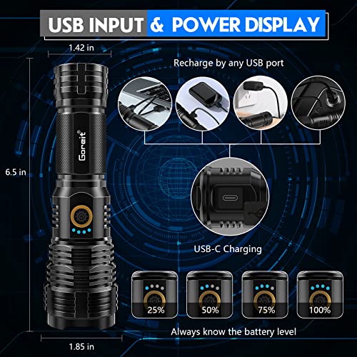 Goreit Flashlights LED High Lumens Rechargeable, 20000 Lumens XHP70.2 Super Bright Flashlight, Flash Light Battery Powered, Powerful Handheld Flashlights with holster for Emergency Camping Hiking Gift