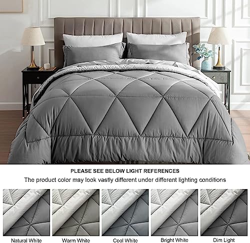 BEDELITE Queen Comforter Set 7 Pieces Bed in A Bag - Soft Microfiber Reversible Grey Bed Set with Comforters, Sheets, Pillowcases & Shams, Cozy Luxury Bedding Sets for All Season