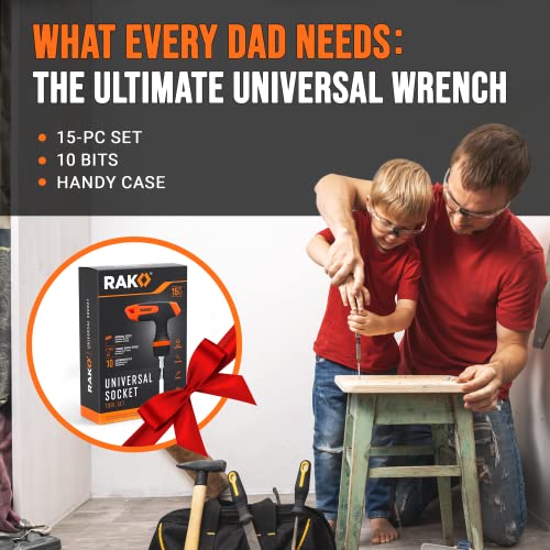 RAK Universal Socket Tool - Christmas Gifts for Men - Set of 15 with 1/4-to-3/4-inch Wrench Grip, T-Handle Ratchet Driver and 10 Screwdriver Bits - Stocking Stuffer Gifts for men, Husband, Handyman