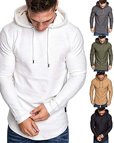 lexiart Mens Fashion Athletic Hoodies Sport Sweatshirt Solid Color Fleece Pullover White L