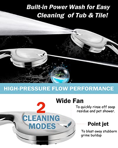 NIKISHAP Shower Head, 10-modes Shower Heads High Pressure, New Anti-clog Nozzle Handheld Shower Head with Extra Long 5 Ft Hose and Adjustable Bracket, Built-in Power Wash to Clean Tub, Tile and Pets.