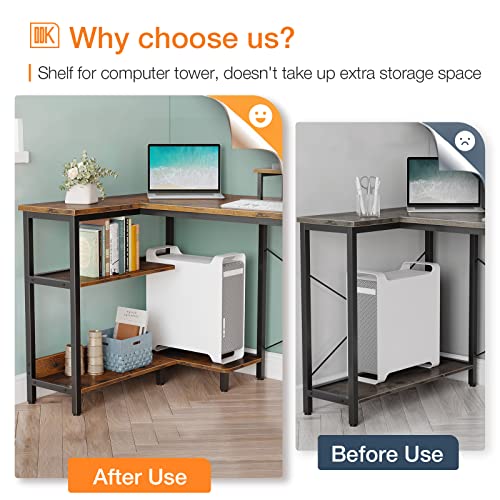 ODK Small L Shaped Computer Desk with Reversible Storage Shelves, 58 Inch L-Shaped Corner Desk with Monitor Stand for Small Space, Modern Simple Writing Study Table for Home Office, Rustic Brown