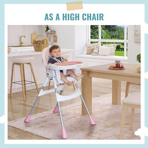 Dream On Me Portable 2-in-1 Tabletalk High Chair, Convertible Compact Light Weight Highchair, Pink