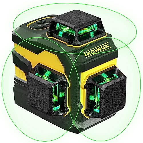Laser Level, IKOVWUK 3x360° Cross Line Laser for Construction and Picture Hanging, 12 Green Lasers with Self-leveling, 65 ft Vertical & Horizontal Line, Level Tool with 5200 mAh Rechargeable Battery