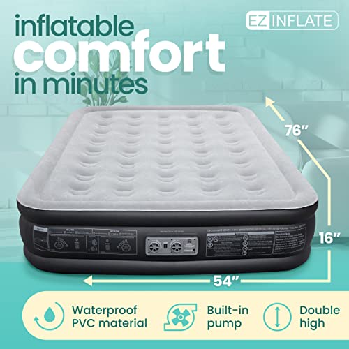 EZ INFLATE Air Mattress with Built in Pump - Queen Size Double-High Inflatable Mattress with Flocked Top - Easy Inflate, Water