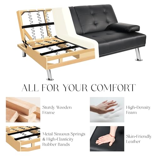 B Futon Sofa Bed, Modern Faux Leather Futon Sofa Bed with 2 Cup Holders and Pillows, Convertible Folding Futon Couch for Compact Living Space, Dorm, Offices, Black