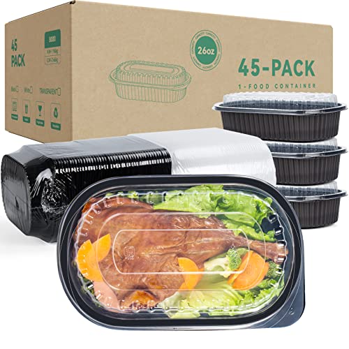 YANGRUI Take Out Containers, Shrink Wrap 45 Pack 26 oz Reusable Machine Washable Extra Thick BPA Free Meal Prep Container Microwave Freezer Safe Leak Proof To Go Containers