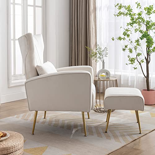 DM Furniture Accent Chair with Ottoman Velvet Modern Wingback Club Chair Upholstered Reading Armchair with Gold Metal Legs for Living Room/Bedroom, Cream