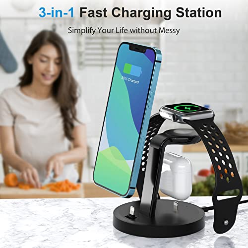 3 in 1 Charging Station, ORIEMAC Wireless Charger for Apple Watch Series 8/7/6/5/4/3/2/SE, Charging Dock Stand for AirPods iPhone 14/13/12/11/Pro/Pro Max/XS/XR/X/8 with 15W Adapter