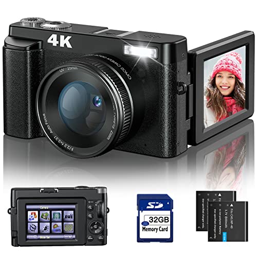 4K Digital Camera for Photography and Video Autofocus Anti-Shake, 48MP Vlogging Camera with SD Card, 3'' 180ยฐ Flip Screen Compact Camera with Flash, 16X Digital Zoom Travel Camera (2 Batteries)