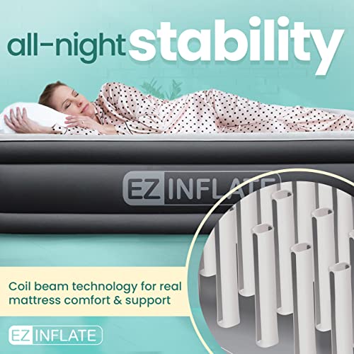 EZ INFLATE Air Mattress with Built in Pump - Queen Size Double-High Inflatable Mattress with Flocked Top - Easy Inflate, Water