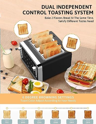 Gevi Toaster 4 Slice,Led Display Touchscreen Bagel Toaster with Dual Control Panels of Bagel/Reheat/Defrost/Cancel/Toasting One Slice/Longer Function,6 Shade Setting