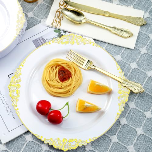 KINEATHER 175PCS gold and white Disposable Plastic Plates Set for 25 Guests, 25 Dinner Plates, 25Dessert Plates, 25 Forks, 25 Knives, 25 Spoons, 25 Napkins, 25 Paper Cups, for Wedding & Party