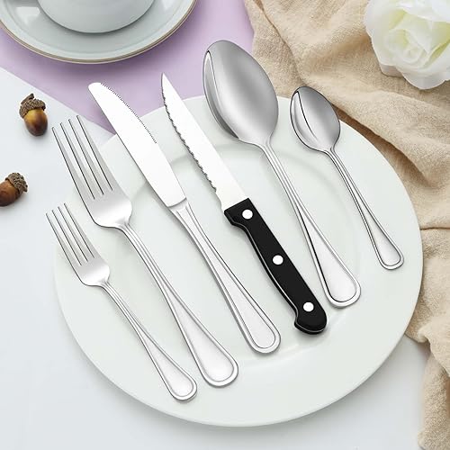 48 PCS Silverware Set Includes 8 Steak Knives Service for 8, Gifcomda Premium Stainless Steel Flatware Set, Mirror Polished Cutlery Set, Spoons and Forks Set, Dishwasher Safe and Stylish Design