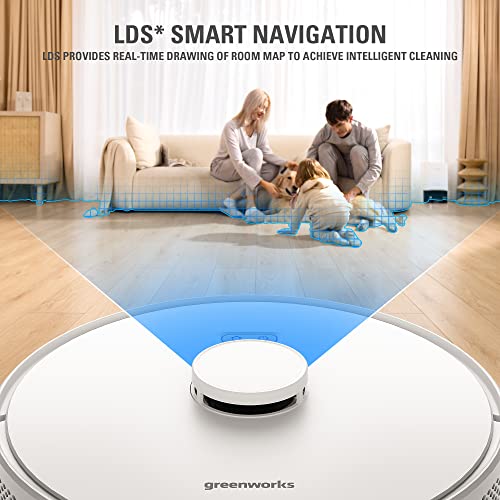 Greenworks Robot Vacuum GRV-3011, Intelligent LDS Laser Navigation, Automatic Path Planning,2000Pa Powerful Suction,Auto Dust Collection, for Pet Hair, Hard Floor, Carpet