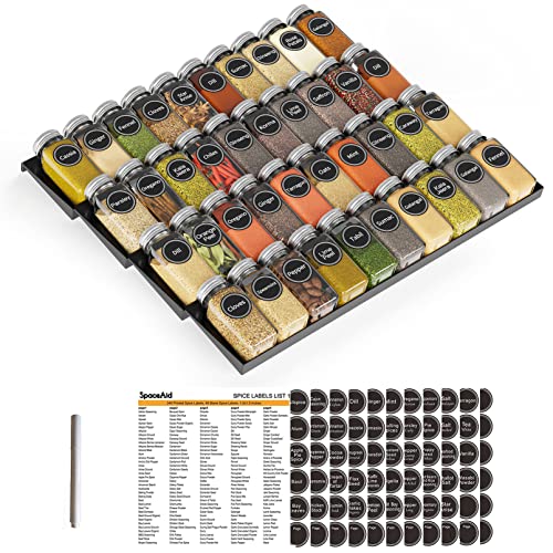 SpaceAid Spice Drawer Organizer with 40 Spice Jars, 386 Spice Labels and Chalk Marker, 4 Tier Seasoning Rack Tray Insert for Kitchen Drawers, 18.5" Wide x 17.5" Deep