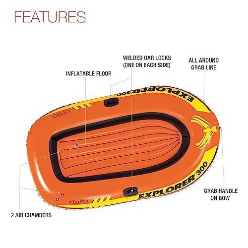 INTEX 58332EP Explorer 300 Inflatable Boat Set: Includes Deluxe Aluminum Oars and Mini Hand Pump – 3-Person – Dual Air Chambers – Grab Rope – 410lb Weight Capacity