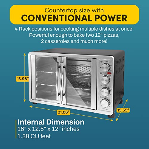 Elite Gourmet ETO-4510M French Door 47.5Qt, 18-Slice Convection Oven 4-Control Knobs, Bake Broil Toast Rotisserie Keep Warm, Includes 2 x 14" Pizza Racks, Stainless Steel