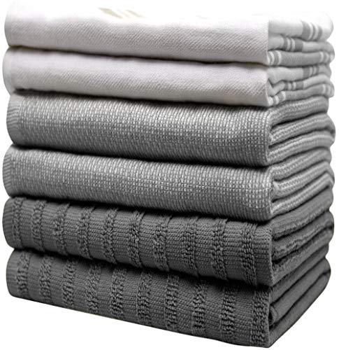 Premium Kitchen Towels 20”x 28”- 6 Pack| Large Cotton Kitchen Towels | Hand Towels for Kitchen | Flat & Terry Towel | Dish Towels | Highly Absorbent Tea Towels Set with Hanging Loop | Grey Striped