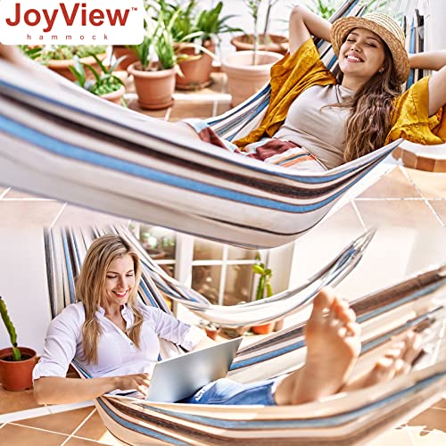 JoyView Brazilian Hammock for Single Preson Portable Hammock with Hanging Ropes & Carry Bag Large 78.8x39.4” Cotton Hammock for Patio 300LBS Capacity Perfect for Outdoor/Indoor - Blue & Green Stripes