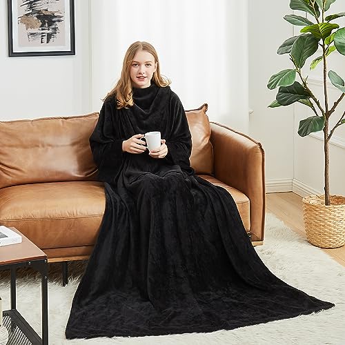 HOSUKKO Fleece blanket hoodie with Sleeves Pocket and Hat - Super Warm and Cozy Giant Blanket Hoodie - Thick Flannel Blanket - Black