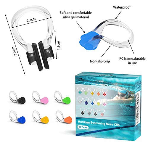Swimming Nose Clip,Hurdilen Swim Nose Clip with Waterproof Silica Gel for Kids (Age 7+) and Adults,14 Packs,Multi-Color