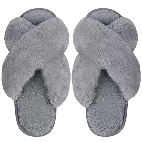 DOIOWN Women’s Fuzzy Slippers Cross Band Fluffy Slippers Faux Fur Slippers Plush House Open Toe Cozy Slippers for Women (Grey, Size 11-12)