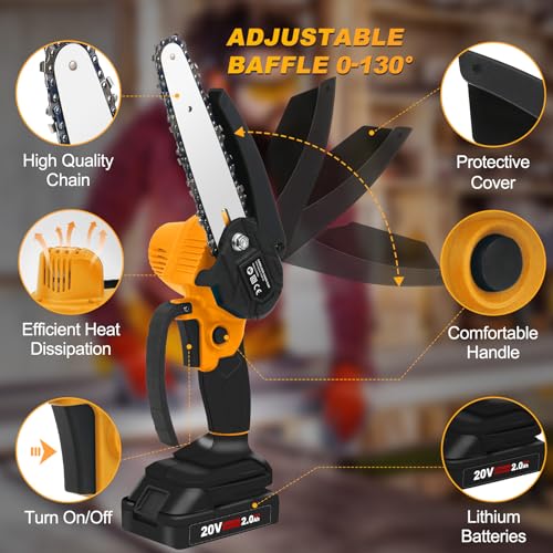 CKEVE Mini Chainsaw 6-Inch, Cordless Electric Chain Saw Battery Powered with Safety Lock for Garden Tree Trimming, 250W Motor, 2 Chains, 2 Rechargeable Battery 20V 2000mAh, Gloves Included, Orange