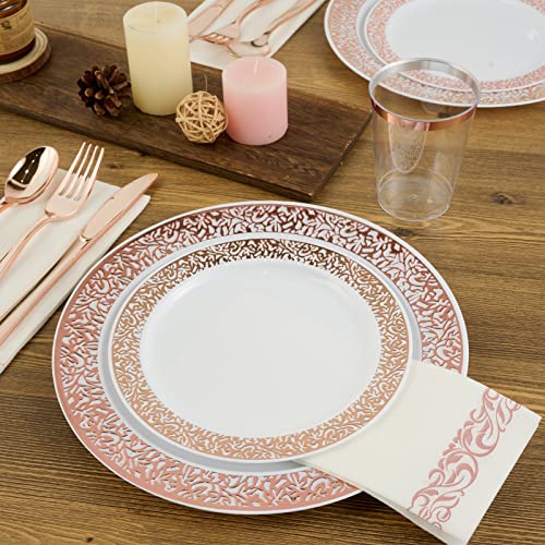 175 Piece Rose Gold Dinnerware Set 25 Guest-50 Rose Gold Lace Plastic Plates-25 Plastic Silverware-25 Plastic Cups-25 Linen Like Paper Napkins, FOCUSLINE Disposable Dinnerware Set