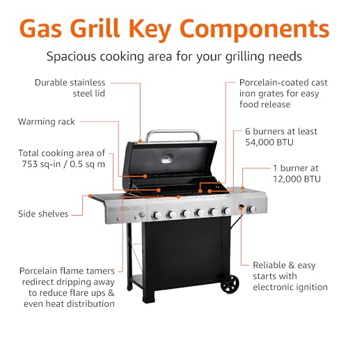 Amazon Basics Freestanding Gas Grill with Side Burner, 6 Burner (66,000 BTU)