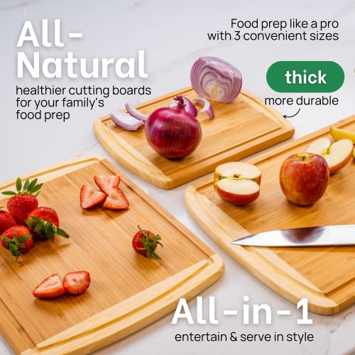 Organic Bamboo Cutting Board Set of 3 with Lifetime Replacements - Wood Cutting Board Set with Juice Groove - Wooden Chopping board Set for Kitchen, Meat and Cheese - Wooden Cutting Boards for Kitchen