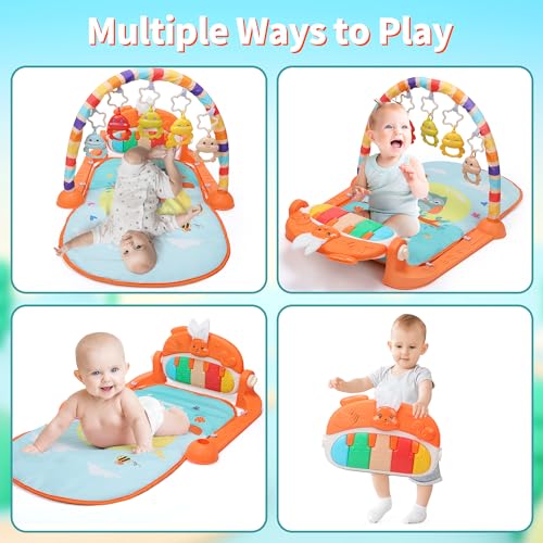 HOLYFUN Baby Gym Play Mat, Play Piano Gym with Sound & Light,Tummy Time Activity Mat with Baby Rattles for Sensory and Motor Skill Development, Musiacl Activity Center for Newborn Baby, Orange