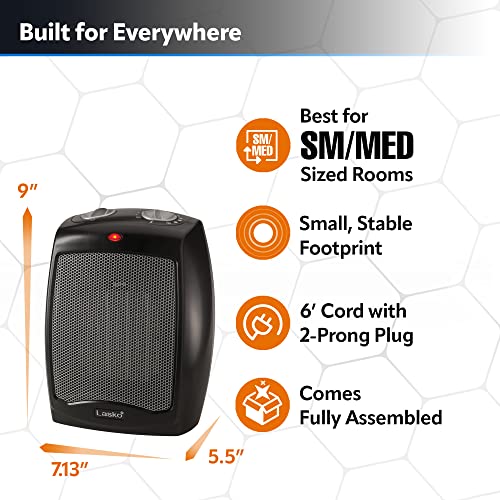 Lasko Ceramic Tabletop Space Heater for Home with Adjustable Thermostat and 2 Speeds, 9 Inches, Black, 1500W, CD09250
