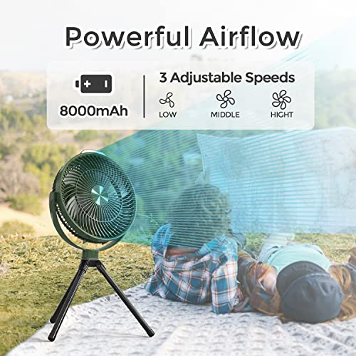 EDON Portable Camping Fan with LED Lantern, 270° Rotation Rechargeable Battery Operated Fan, 10" Desk Fan with Tripod, Remote Control, 3 Speeds Tent Fan for Camping, Outdoor