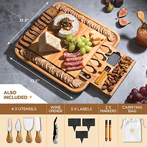 Bambüsi Cheese Board and Knife Set - Premium Bamboo Charcuterie Board Set & Cheese Board Accessories Set - Kitchen Wine & Meat Cheese Serving Platter Wood - Unique Wedding Gifts and Housewarming Gift
