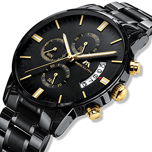MEGALITH Mens Watches 45mm Chronograph Quartz Men's Wrist Watches Stainless Steel Black Waterproof Business Dress Watches for Men Luminous Date, Gifts for Men