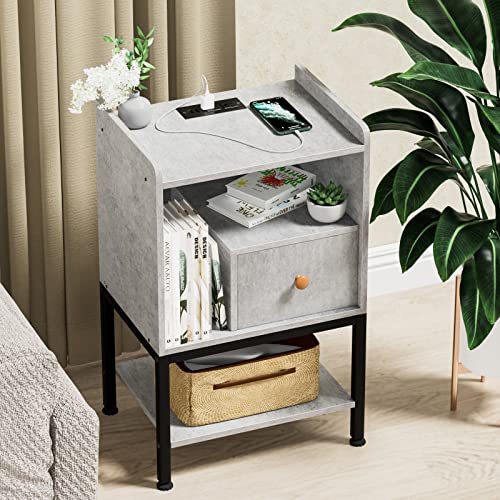 Gannyfer Nightstand with Charging Station, Night Stand with USB Ports and Storage Drawer, Modern 3-Tier End Side Table, Small Wood Bedside Table for Bedroom,Living Room,Grey