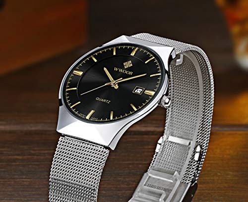 MASTOP Men Watch Ultra Thin Watches Stainless Steel Mesh Band Quartz Wristwatch Fashion Date Waterproof Watches (Black Silver)